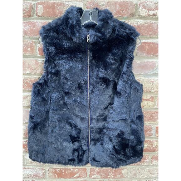 J Crew Faux Fur Vest Womens M Full Zip Navy Blue Pockets Satin Lining Mob Wife - Picture 10 of 10